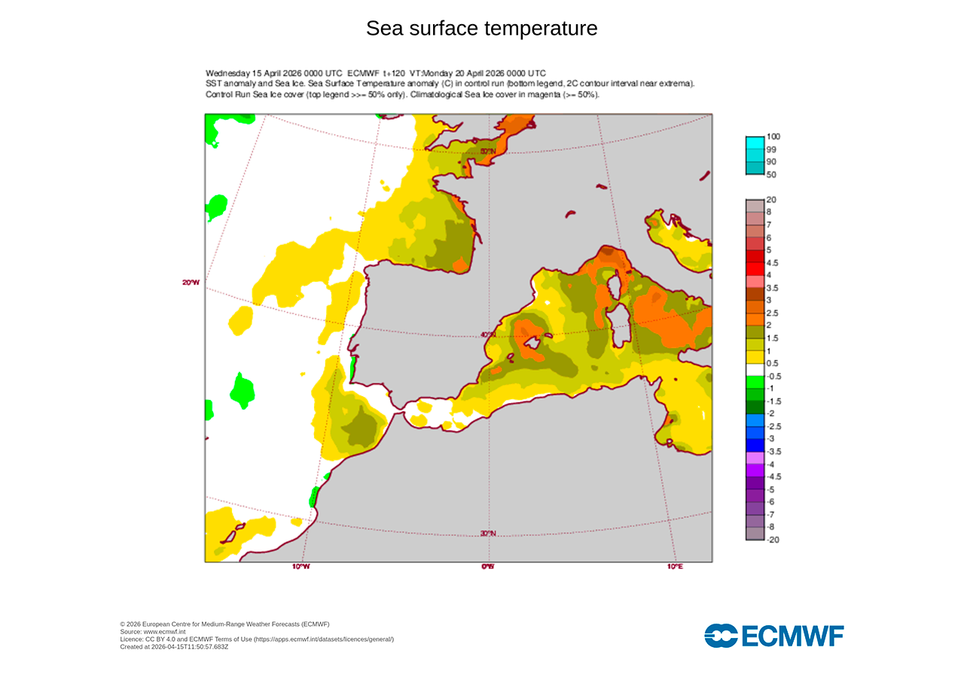 Pour ce lundi, des anomalies positives pouvant atteindre 2,5 ºC sont attendues dans les eaux de la mer des Baléares, selon le modèle européen.