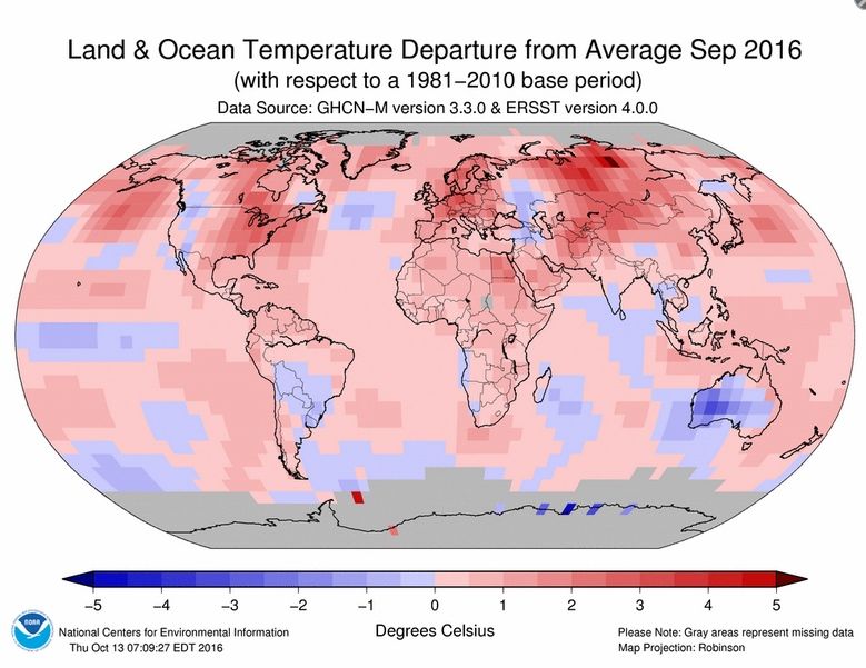 Anomalías globales de temperaturas para septiembre de 2016 respecto a la media del periodo base 1981-2010. NOAA
