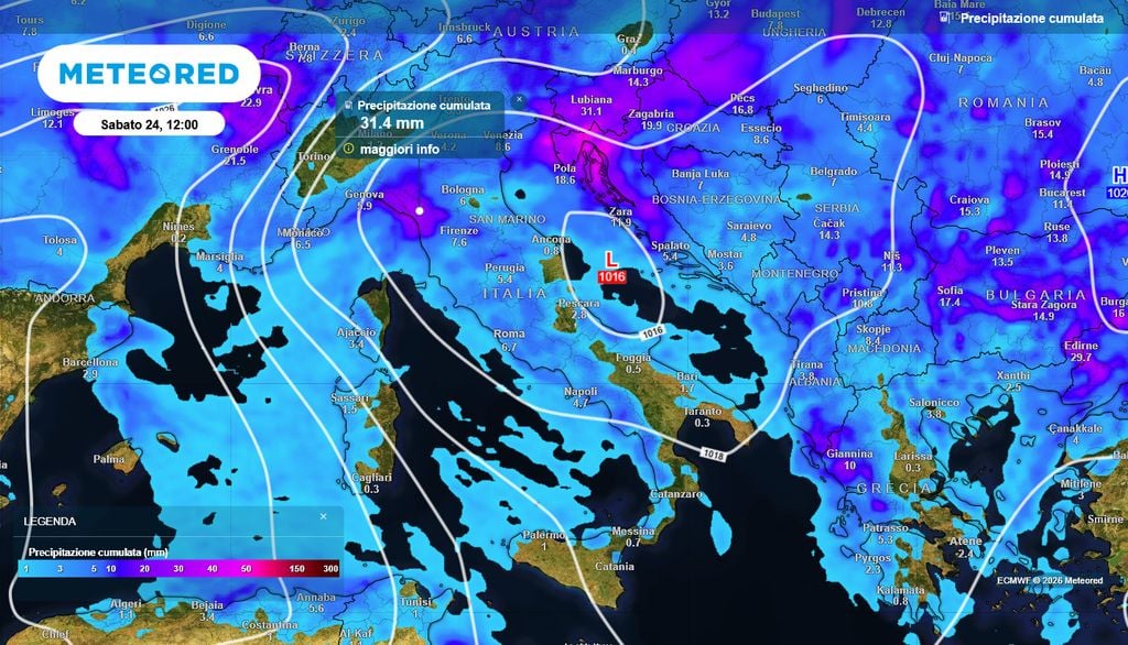 Fino a 30 mm nel nord-ovest per le precipitazioni in arrivo a seguito della tempesta Austen.