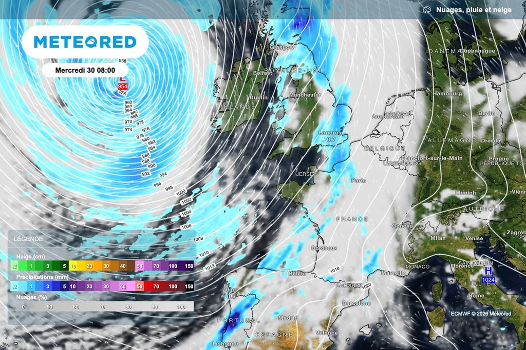 Une dépression très creuse au large de l'Irlande mardi prochain. Une dépression très creuse au large de l'Irlande mardi prochain.