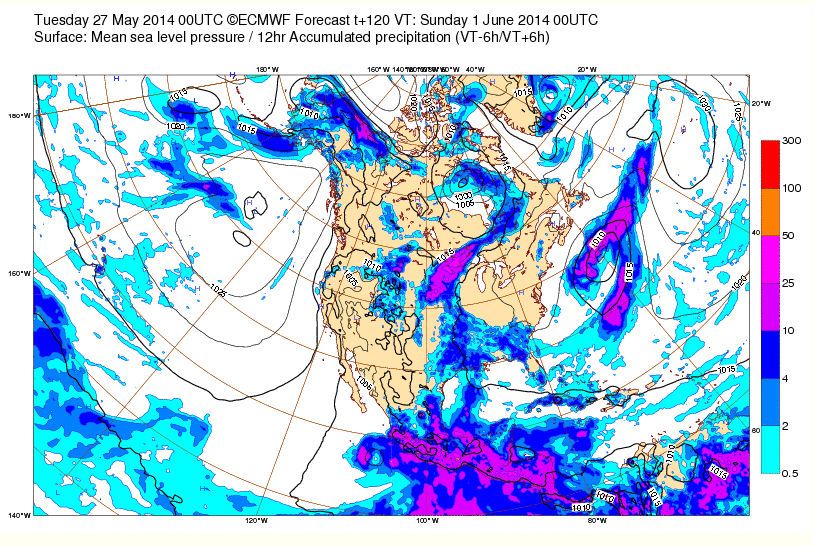 La Temporada De Huracanes En El Atlántico Comienza El 1 De Junio Salida del modelo global del CEPMP para el 1 de junio de 2014 presentado la presión en superficie y precipitaciones previstas acumuladas en 12h, según escala de colores.