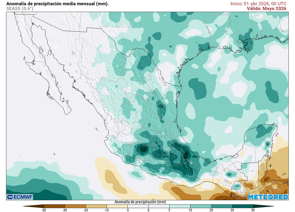 Mayo podría ser más lluvioso de lo habitual en gran parte de México por frentes frío activos y humedad tropical; la sequía seguirá en mínimos valores.