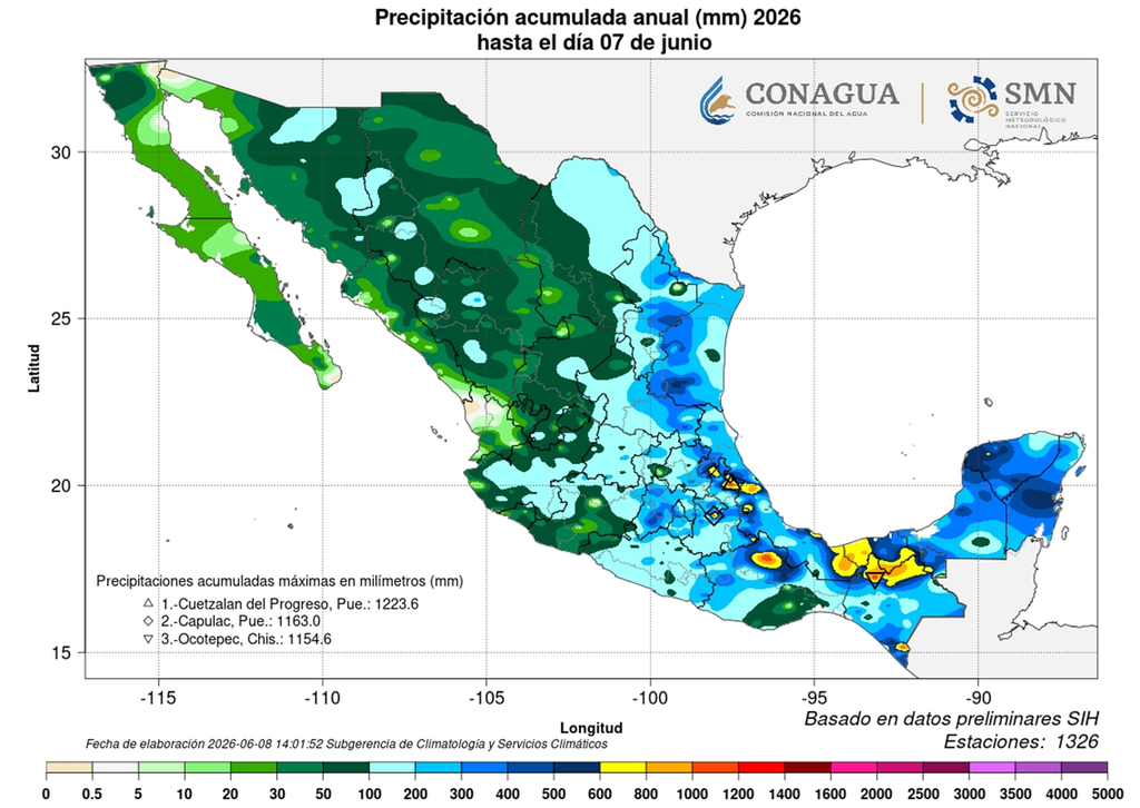 Acumulado anual de precipitaciones 2026 Hasta el 7 de junio, las lluvias este 2026 han sido muy benéficas, especialmente en la mitad centro-oriente y sureste del país, erradicando sequía.
