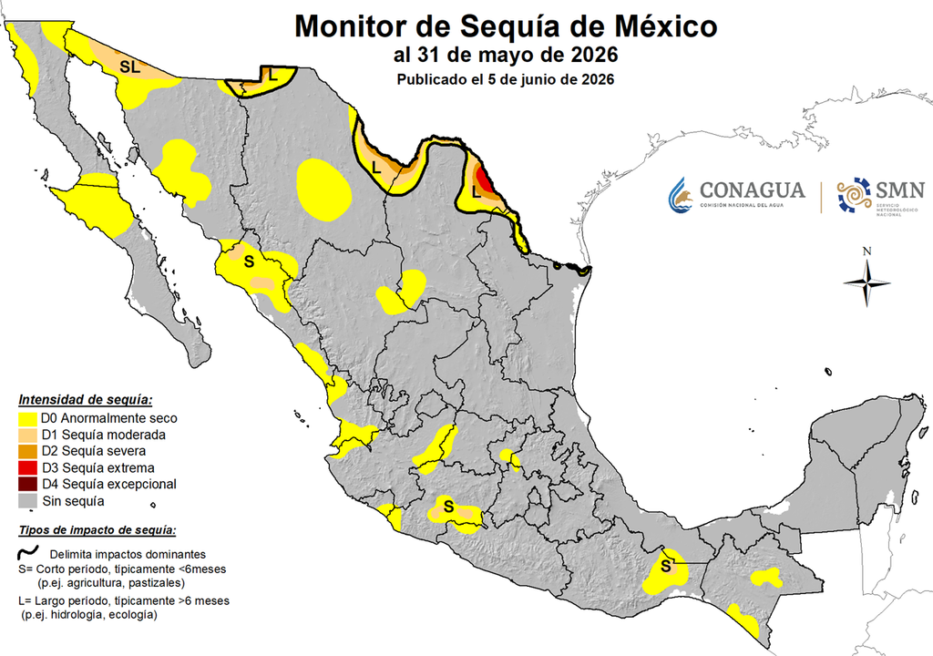 Monitor de Sequía SMN-CONAGUA Hasta el 31 de mayo, la Sequía tenía una extensión de apenas 2.8%, que no se veía en más de una década y la temporada de lluvias 2026 ha comenzando, trayendo más beneficios.