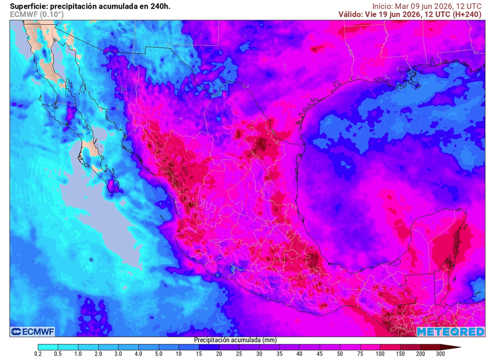 Pronóstico de lluvias acumuladas en milímetros La mayor parte de México recibirá lluvias y tormentas en próximos días, especialmente Sierra Occidental, noreste, centro, oriente y sureste con más de 150 mm.