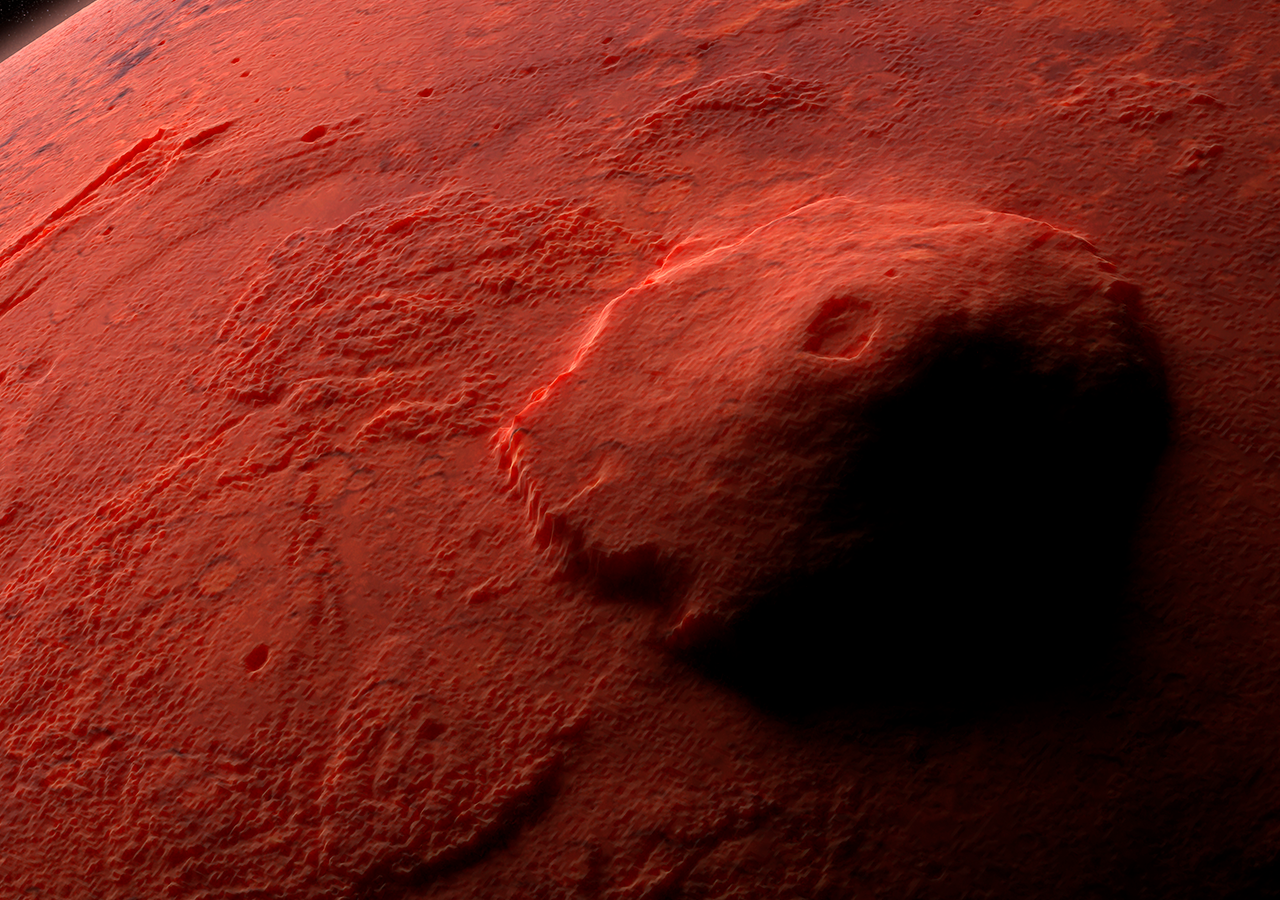 Representación de Olympus Mons, la montaña más altas del sistema solar.