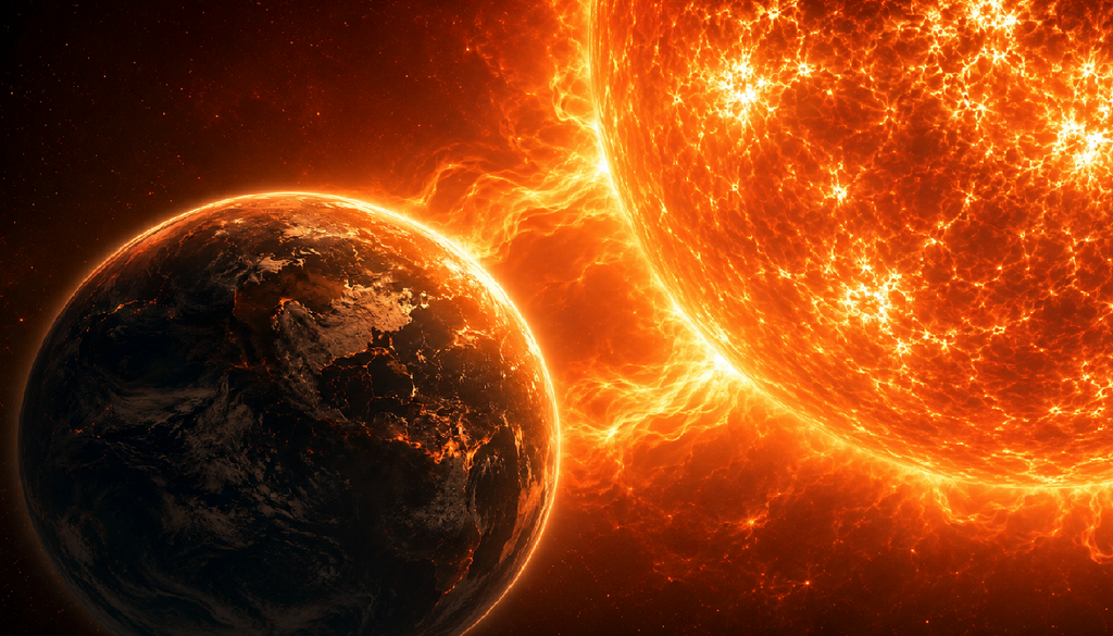 Rappresentazione artistica di una Terra ormai rovente e priva di oceani sopravvissuta alla fase di gigante del Sole.
