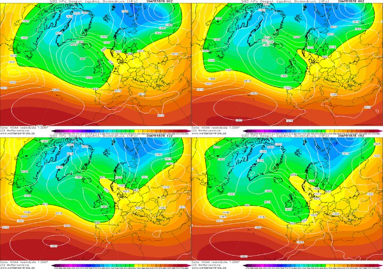 Reanálisis a 500 hPa del día 20 de abril de 1878. Reanálisis a 500 hPa del día 20 de abril de 1878.