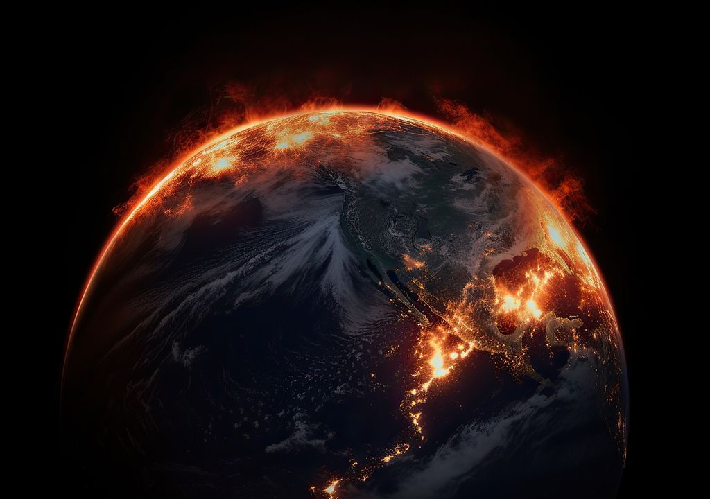 planeta Tierra, en un fondo negro, con llamas brotando; concepto de calentamiento global