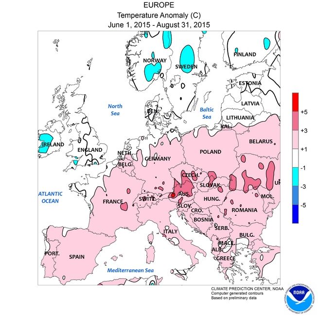 La Tierra Tuvo Su Verano Y Su Agosto Más Cálido En 2015 Anomalías de temperaturas para Europa en el periodo de verano JJA, según NOAA