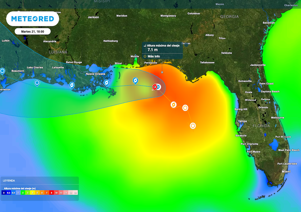 La marejada inundará zonas costeras con niveles de 0.3 a 1.2 m hasta 0.5-2 m en Luisiana, variando según la marea local. La marejada inundará zonas costeras con niveles de 0.5 a 2 metros en Luisiana, variando según la marea local.