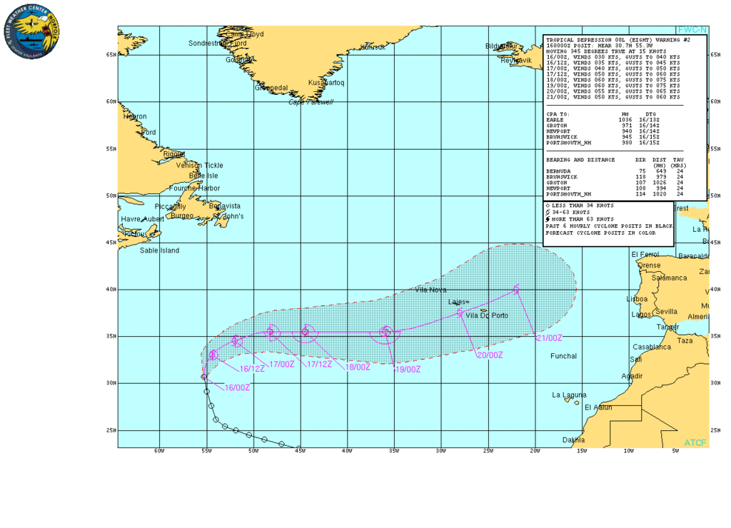La Tormenta Tropical Gordon Y Su Viaje Hacia Las Zonas Marítimas Europeas (16 De Agosto De 2012) Posiciones observadas y prevista del sistema tropical Gordon para diferentes días y horas, hasta el 21 a las 00 UTC.