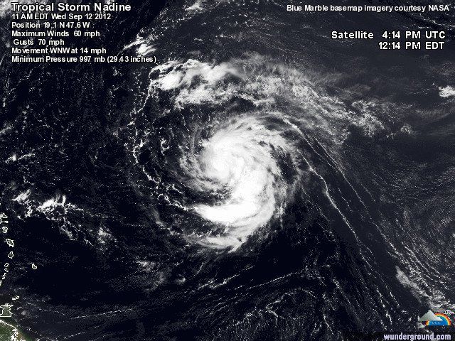 La Tormenta Tropical Nadine Podría Recalar Al Oeste De La Península Imagen visible de Nadine como tormenta tropical en la zona del Atlántico Norte, para la fecha y hora señalada en la imagen.