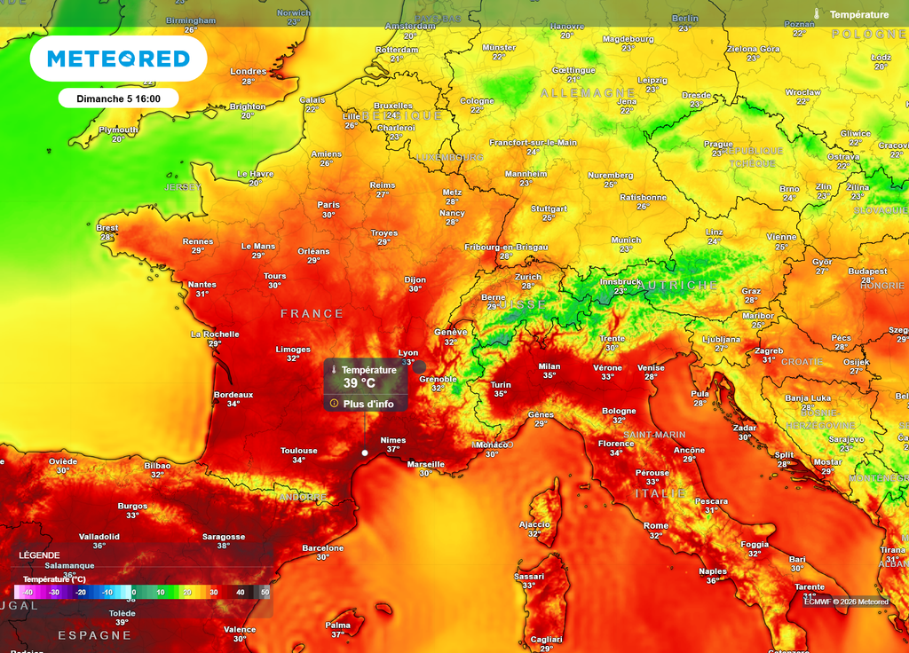Températures dimanche après-midi Demain après-midi, seul le quart Sud-Est devrait dépasser les 36°C, avec encore des pointes à 39°C du côté de l'Hérault.