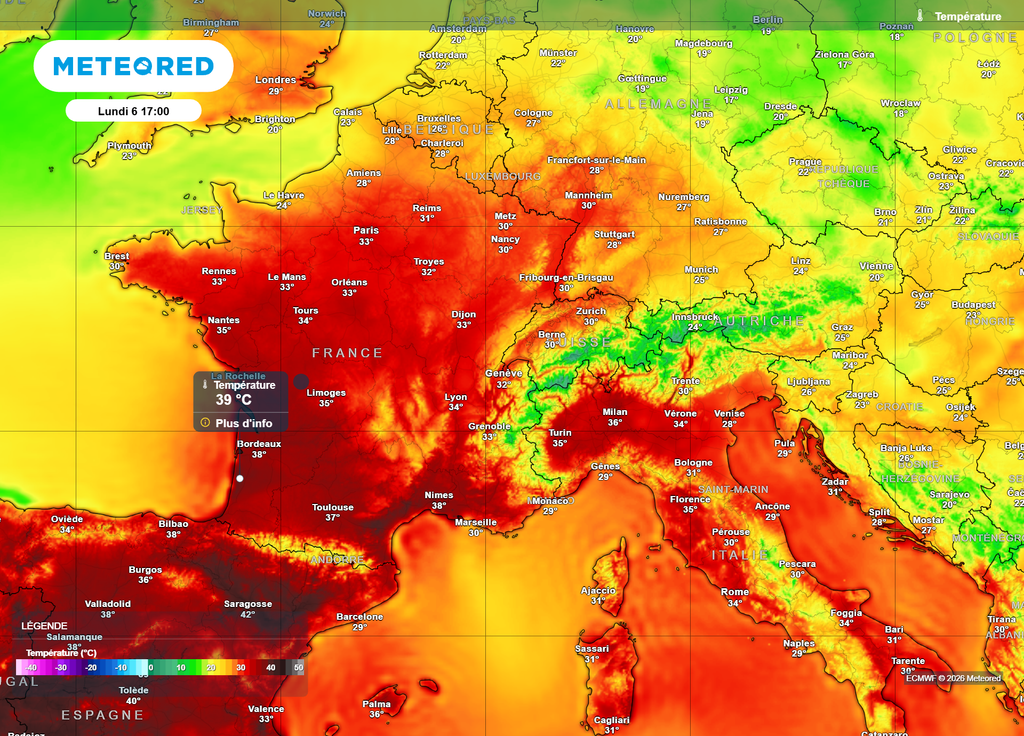 Températures lundi après-midi Lundi après-midi, les très fortes chaleurs vont s'étendre vers le Sud-Ouest, avec des pointes à 39°C probables aussi en Aquitaine.