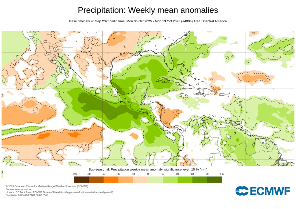 Anomalía de precipitaciones para mediados de octubre