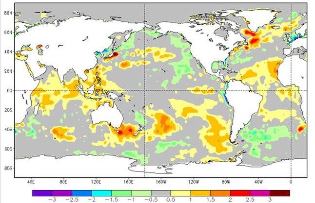 Mapa de la anomalía de la temperatura superficial de los océanos a finales de marzo del 2013 Mapa de la anomalía de la temperatura superficial de los océanos a finales de marzo del 2013 con respecto a la misma fecha del periodo 1971-2000. (NOAA).