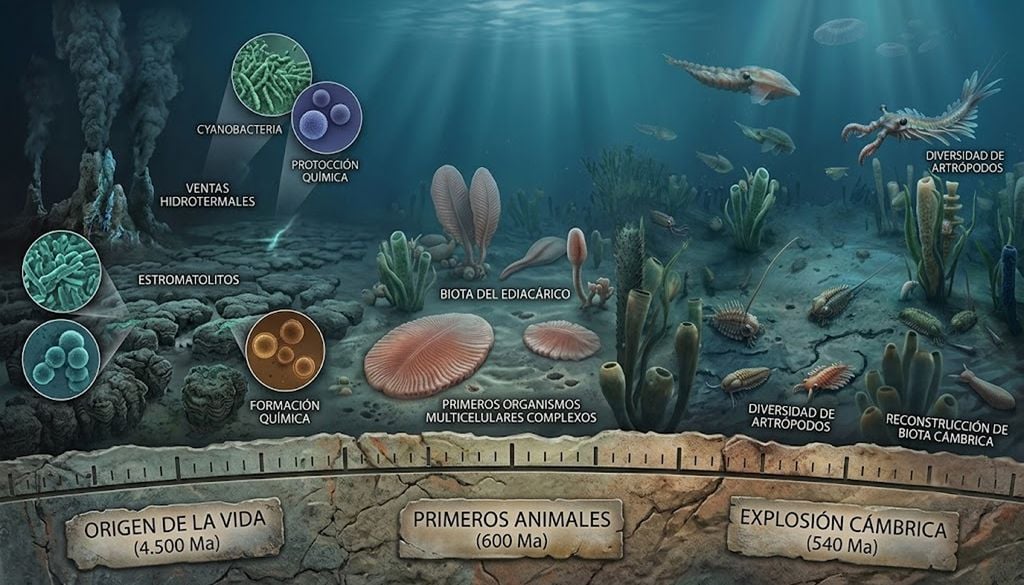 Esta línea de tiempo ilustra el origen de la vida (4.500 Ma) → la aparición de los primeros animales (600 Ma) → y la explosión cámbrica (540 Ma) gracias al desarrollo de los sistemas digestivos de los animales, cuyas heces encendieron la vida terrestre (Imagen generada con Google Gemini)