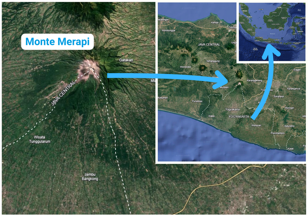 Ubicación del monte Merapi, en el archipiélago de Indonesia. El volcán se encuentra el el límite de Java central y Yogyakarta.