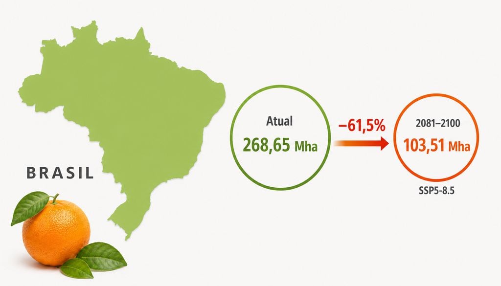 No cenário SSP5-8.5, a área brasileira potencialmente adequada à laranja-doce pode cair 61,5% até o fim do século, de 268,65 para 103,51 milhões de hectares.