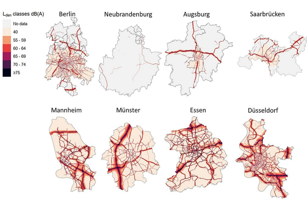 Karten von deutschen Städten mit räumlichen Mustern des jährlichen Straßenverkehrslärms im Jahr 2017 (Tages-Abend-Nacht-Straßenverkehrslärmpegel). Karten von deutschen Städten mit räumlichen Mustern des jährlichen Straßenverkehrslärms im Jahr 2017 (Tages-Abend-Nacht-Straßenverkehrslärmpegel).