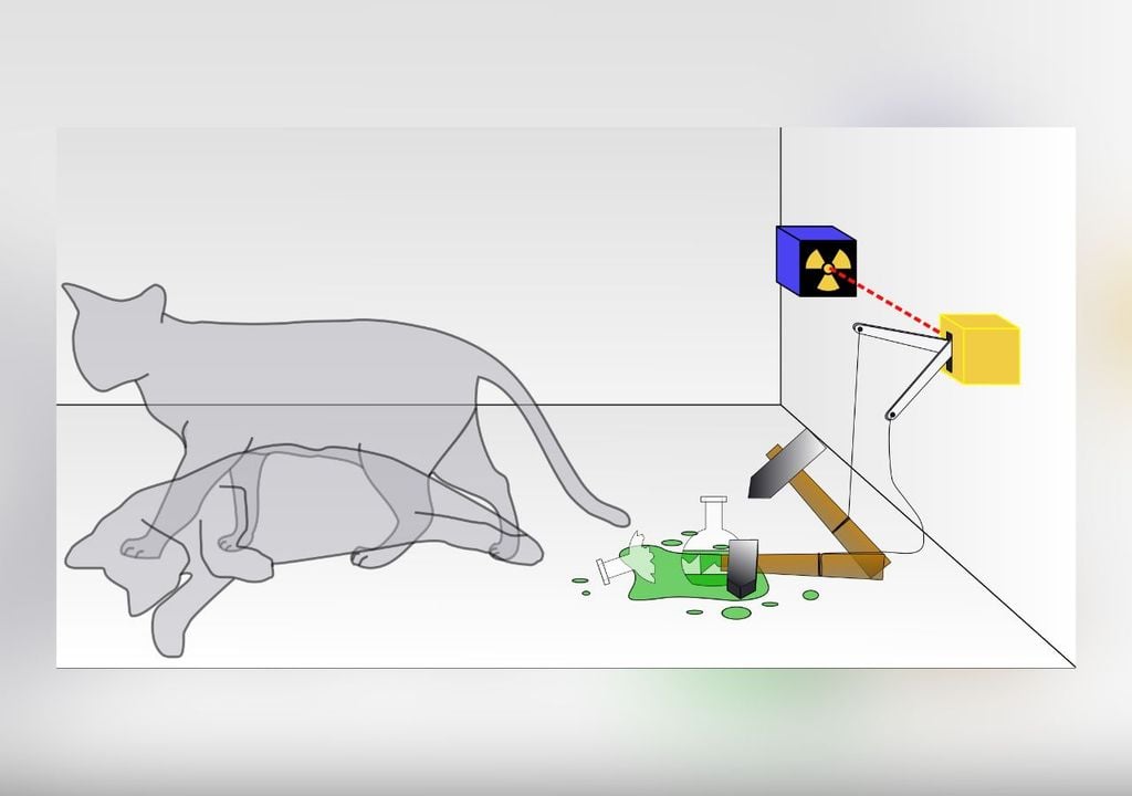 El experimento del gato de Schrödinger plantea que, dentro de una caja cerrada, hay un gato cuya vida depende de un evento cuántico aleatorio. Mientras no abramos la caja, la teoría cuántica sugiere que el sistema está en una superposición de estados: el gato está vivo y muerto al mismo tiempo.