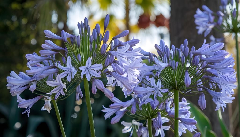 El azul es uno de los colores más característicos del Agapanthus, aunque también existen variedades con flores blancas y violetas.
