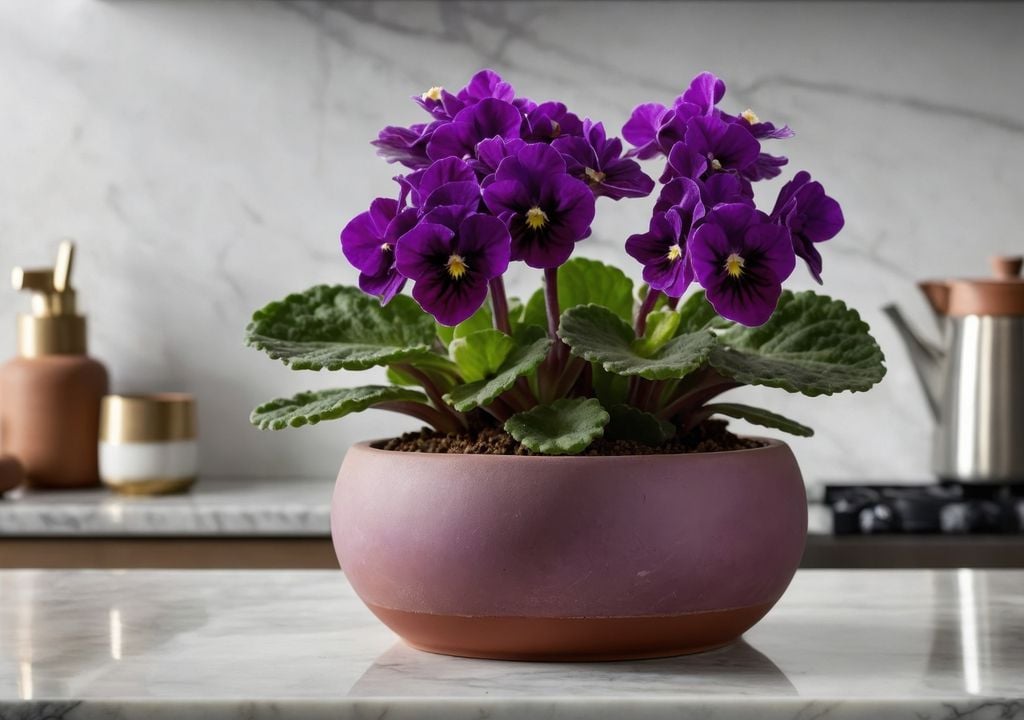 violeta La violeta africana puede florecer durante largos períodos en interiores si recibe abundante luz indirecta y un riego bien controlado.