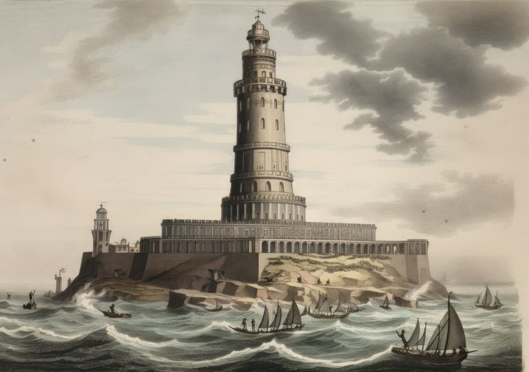 Curiosidades Históricas - Sete Maravilhas do Mundo Antigo - O Farol de  Alexandria O Farol de Alexandria foi construído entre 280 e 247 a.C.  durante o governo ptolemaico do Egito, na cidade