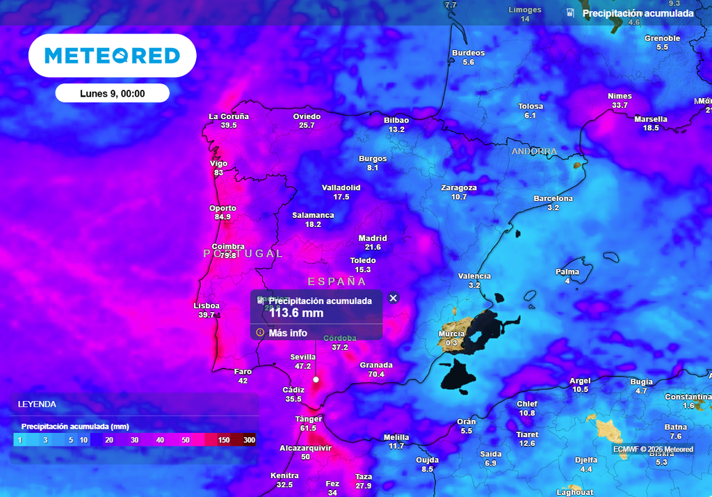 En la sierra de Grazalema y la Subbética cordobesa pueden caer más de 100 l/m2 en lo que queda de semana, sin descartarlos en el oeste de Galicia y Montes de Toledo.