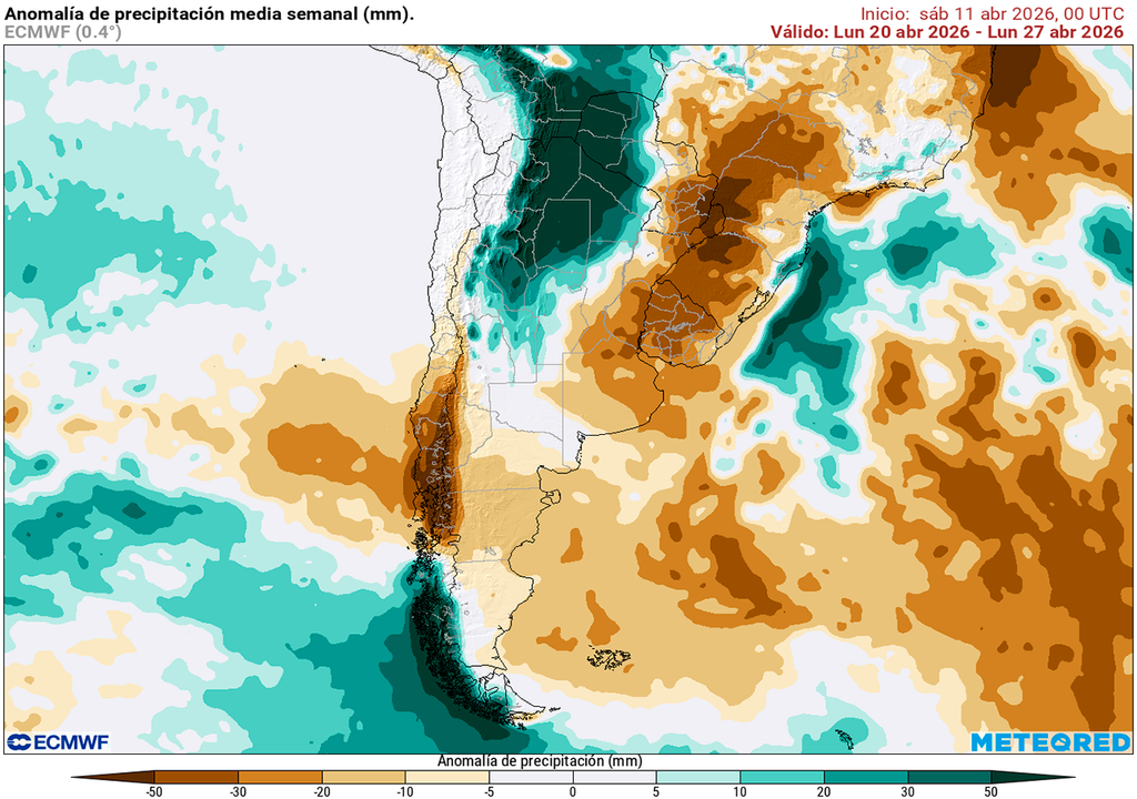 Pronóstico, Clima, Tiempo, Argentina, Lluvias, NEA, Anomalía, Temperatura, ECMWF, Calor, Chaparrones, Tormentas, Litoral, Agropecuario, Abril, Otoño, Humedad, Precipitaciones, Noreste, Pampeana Anomalía de precipitaciones prevista del 20 al 27 de abril según el modelo ECMWF
