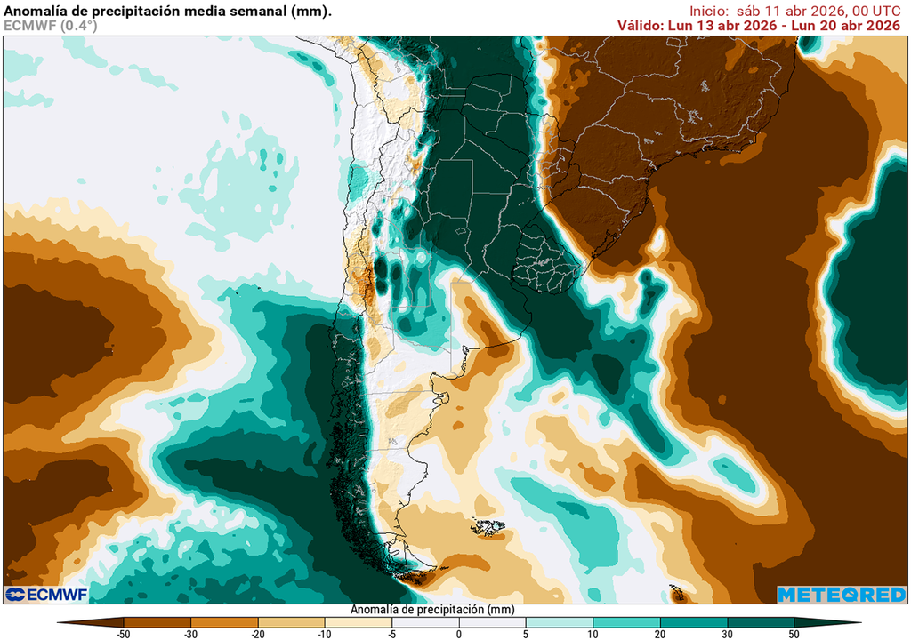 Pronóstico, Clima, Tiempo, Argentina, Lluvias, NEA, Anomalía, Temperatura, ECMWF, Calor, Chaparrones, Tormentas, Litoral, Agropecuario, Abril, Otoño, Humedad, Precipitaciones, Noreste, Pampeana Anomalía de precipitaciones prevista del 13 al 20 de abril según el modelo ECMWF