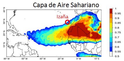 Fig. 1. Capa de Aire Sahariano en verano detectada mediante el número de días en los que el Índice de Aerosoles fue mayor que uno.