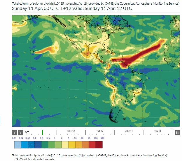 Las cenizas y el SO2 del volcán de San Vicente podrían llegar a España