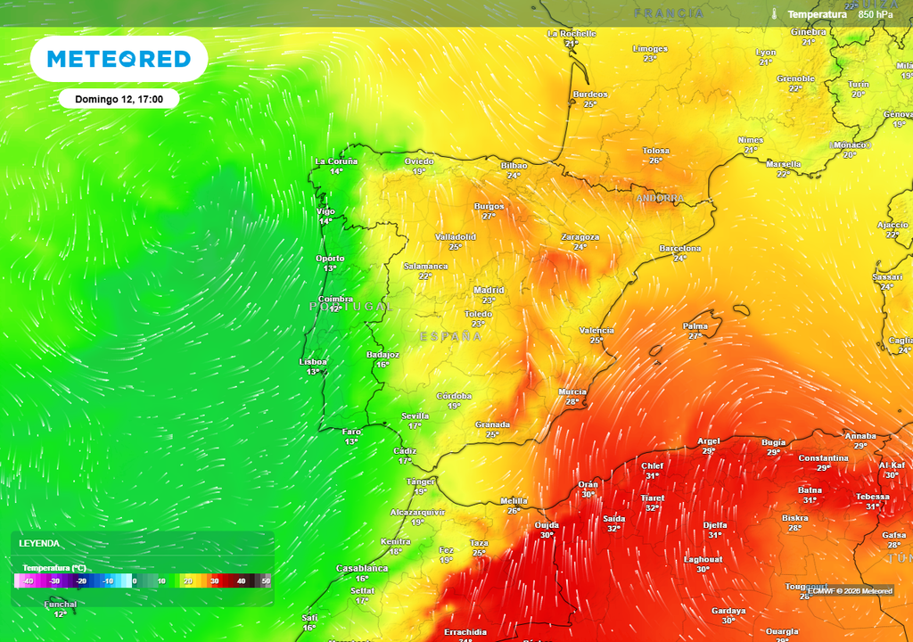 El viento que gira en sentido horario sobre los colores rojos traerá aire cálido del norte de África al Mediterráneo occidental. El viento que gira en sentido antihorario sobre los colores verdes está asociado a la entrada de aire más fresco por el oeste peninsular.