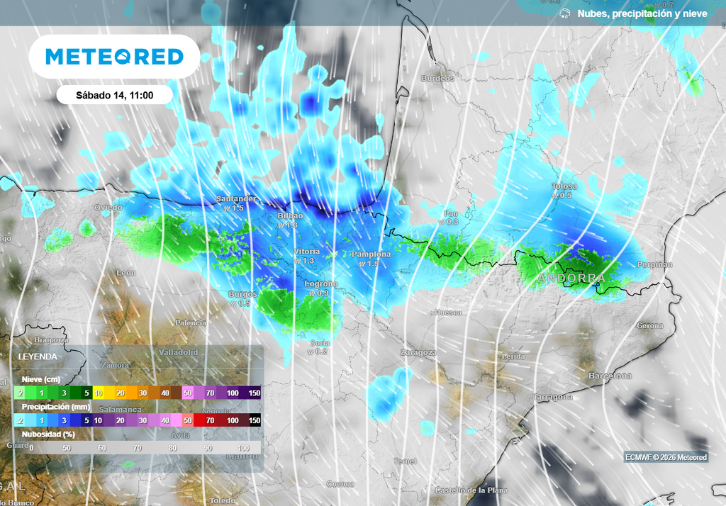 Con el flujo de norte los espesores más importantes se concentrarán en el Pirineo y la Cordillera Cantábrica, donde persistirán más las precipitaciones.