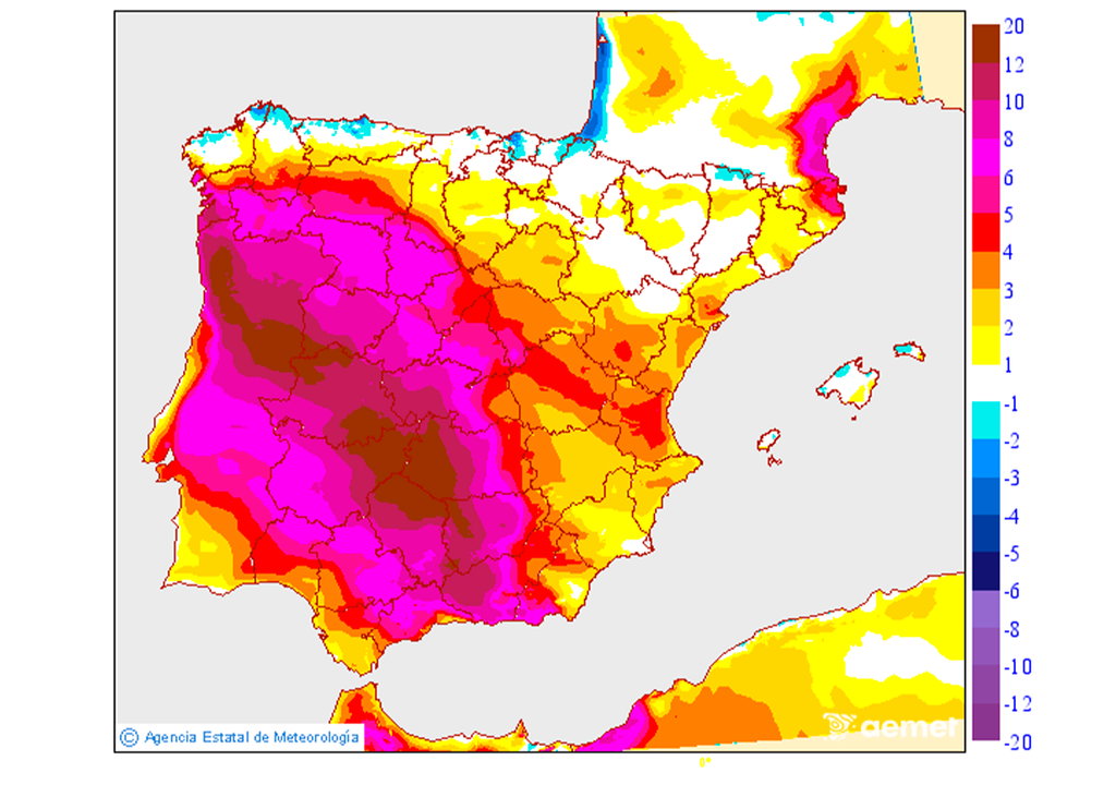 Mapa de variación de las temperaturas máximas de este jueves respecto al miércoles. Fuente: AEMET.