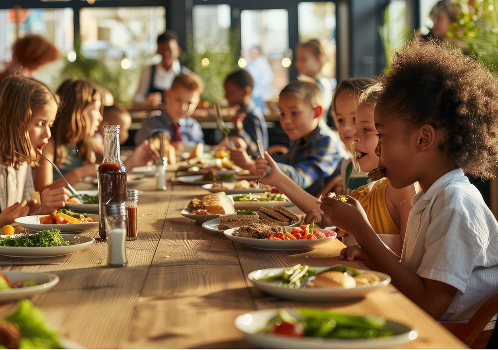 Niños y niñas almorzando en el colegio