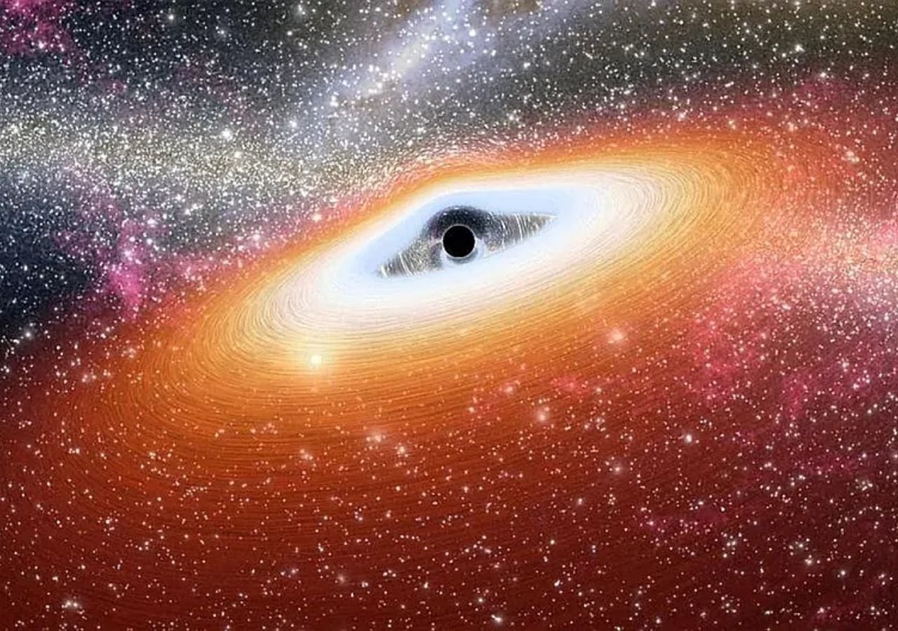 Recreación de una galaxia con su agujero negro central. Crédito: NASA/JPL-Caltech
