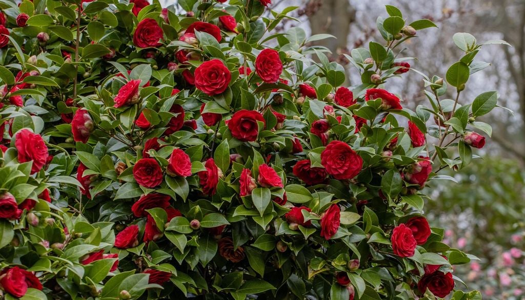 camelia roja Las camelias destacan por sus grandes flores y su extraordinaria longevidad, pudiendo vivir y florecer durante varias décadas.