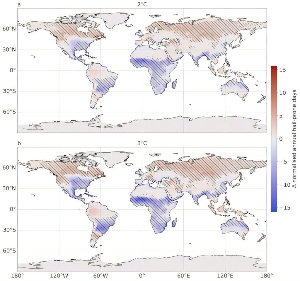 Cambios en los días anuales normalizados propensos al granizo en las proyecciones climáticas bajo 2 (a) y 3 grados Celsius (b) de calentamiento global medio. El rojo muestra aumentos y el azul, disminuciones en la frecuencia de días propensos al granizo. Las áreas sombreadas indican mayor concordancia entre el modelo y el indicador indirecto. Crédito: Raupach et al., 2026. CC-BY, Tim Raupach, UNSW Sydney