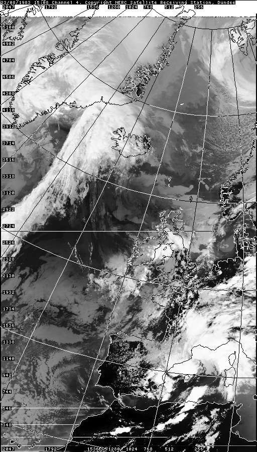 Figura 4. Imagen infrarroja, IR, del satélite polar NOAA a las 08:04 UTC del 22 de agosto del 1983 Figura 4. Imagen infrarroja, IR, del satélite polar NOAA a las 08:04 UTC del 22 de agosto del 1983