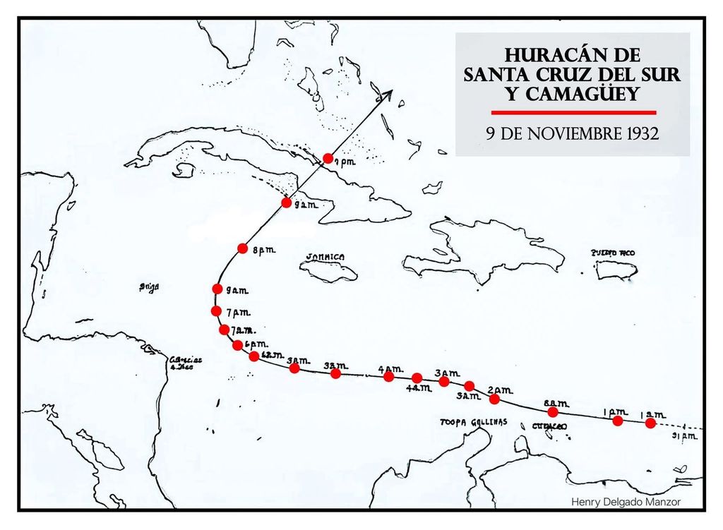 Trayectoria de un intenso huracán que cruzó la isla de Cuba en noviembre de 1932. Se observa con nitidez la recurva que postuló el padre Viñes. Crédito: Henry Delgado Manzor.