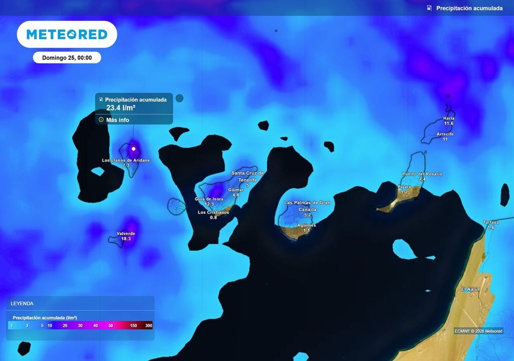 Precipitación acumulada Entre hoy y el próximo sábado se acumularán en algunos enclaves de las islas Canarias cantidades de lluvia que podrán superar los 20 l/m2.