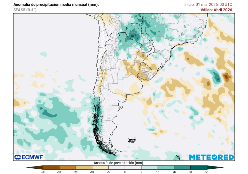 El modelo climático del ECMWF proyecta una condición normal sobre la zona central de Chile durante abril, por lo que las lluvias podrían aparecer esporádicamente sobre la Región Metropolitana.
