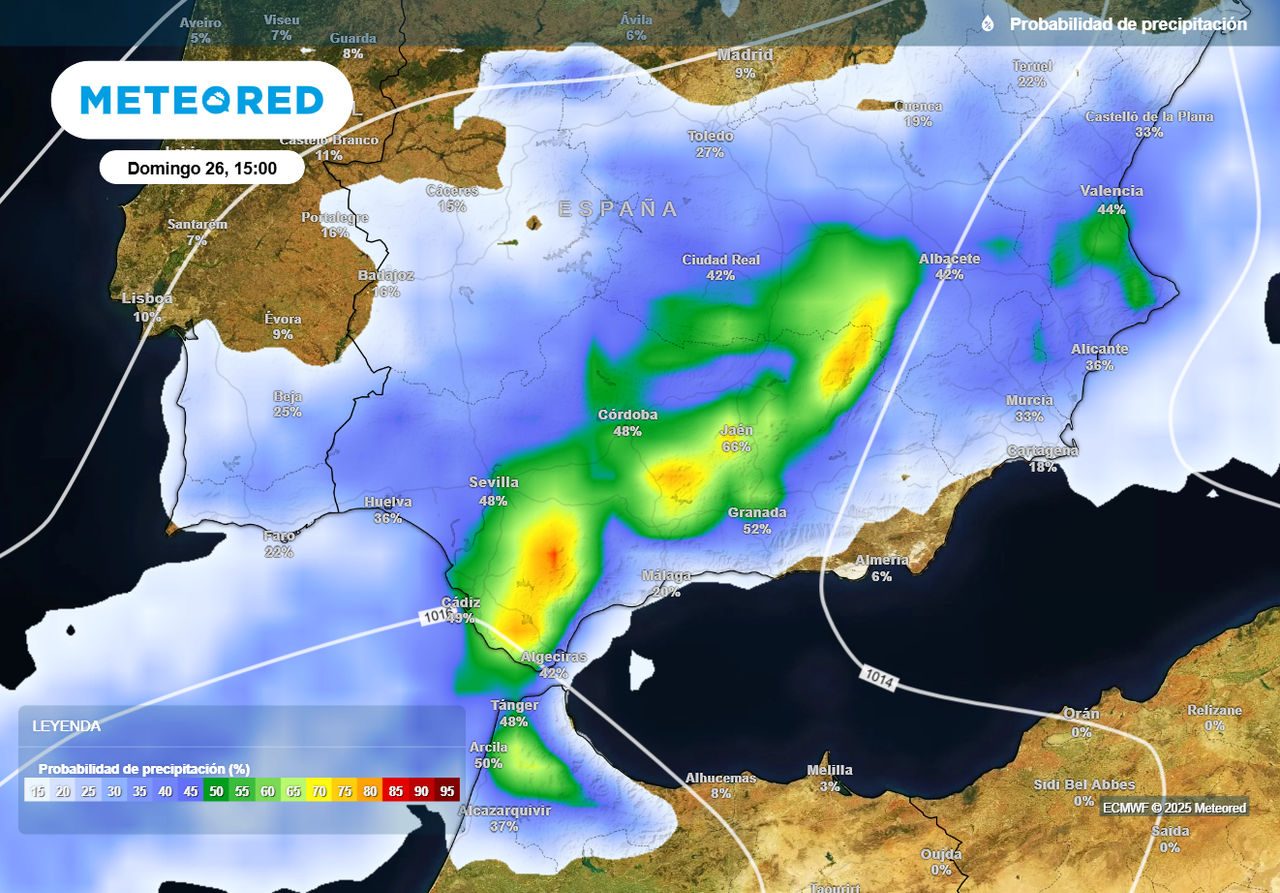 El domingo las lluvias caerán en buena parte de Andalucía, según el modelo europeo.