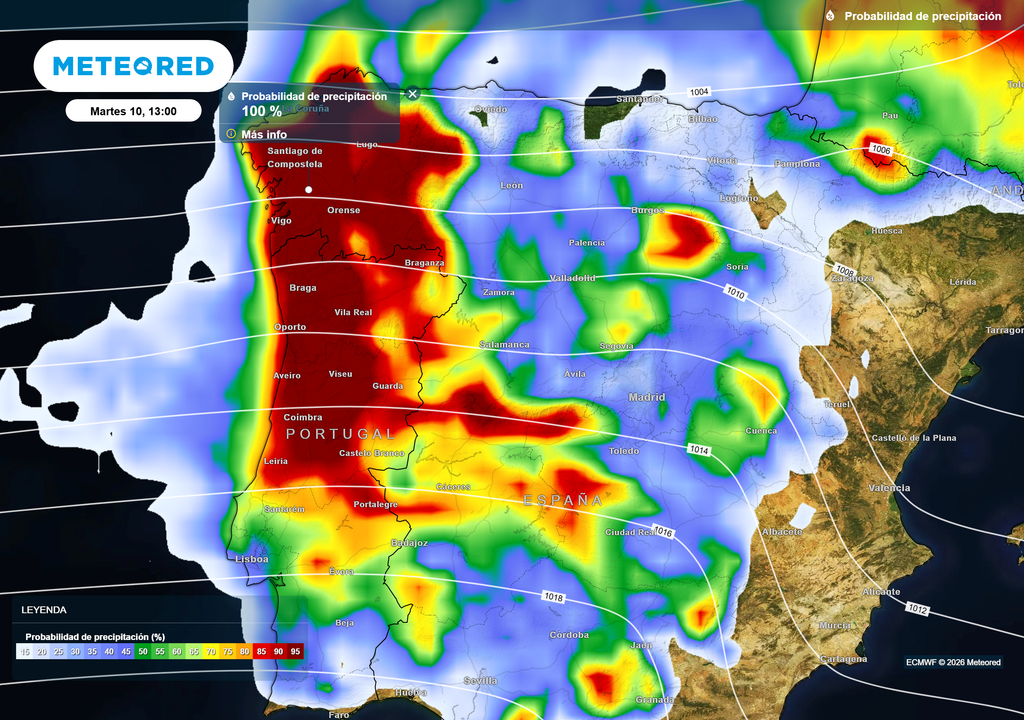 La probabilidad de lluvia es muy elevada en amplias zonas del tercio oeste del país.