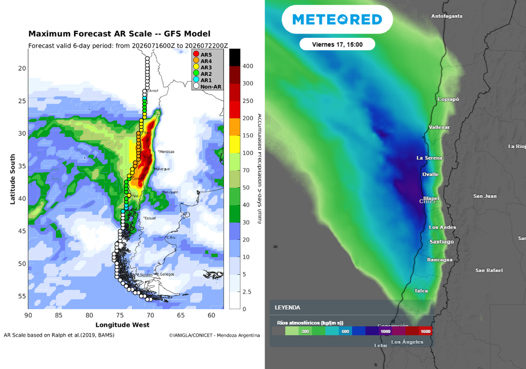 mapa de río atmosférico Este viernes impactará el río atmosférico categoría 4 en la Región Metropolitana.