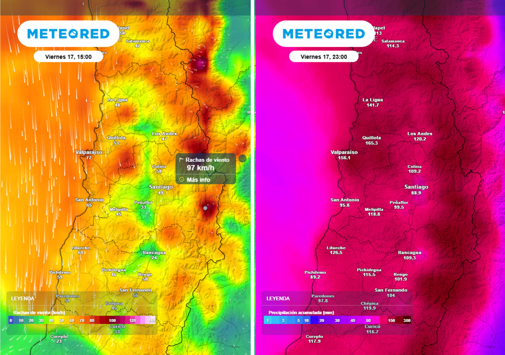 mapas de rachas de viento y precipitación acumulada En la tarde del viernes, las rachas de viento se incrementarán. Además, los acumulados de lluvia serán más altos en horas de la noche.