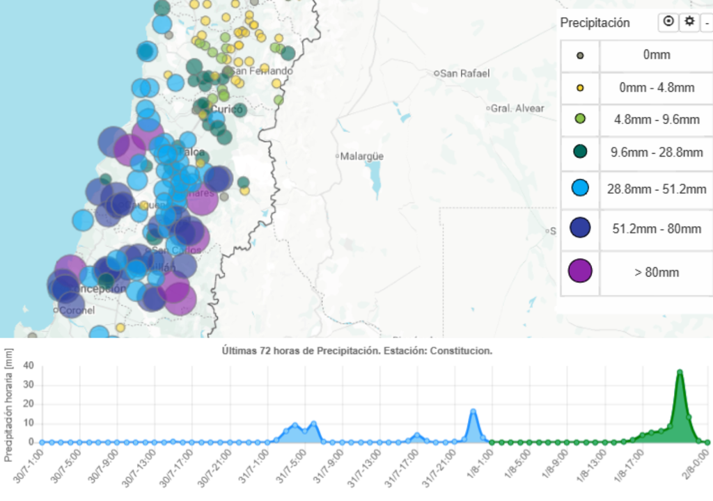 Montos de precipitación acumulados durante el día sábado 1 de abril, múltiples estaciones superan los 80 mm en 24 horas. La estación en Constitución muestra la hora donde se acumularón más de 30 mm (Fuente: Vismet CR2).